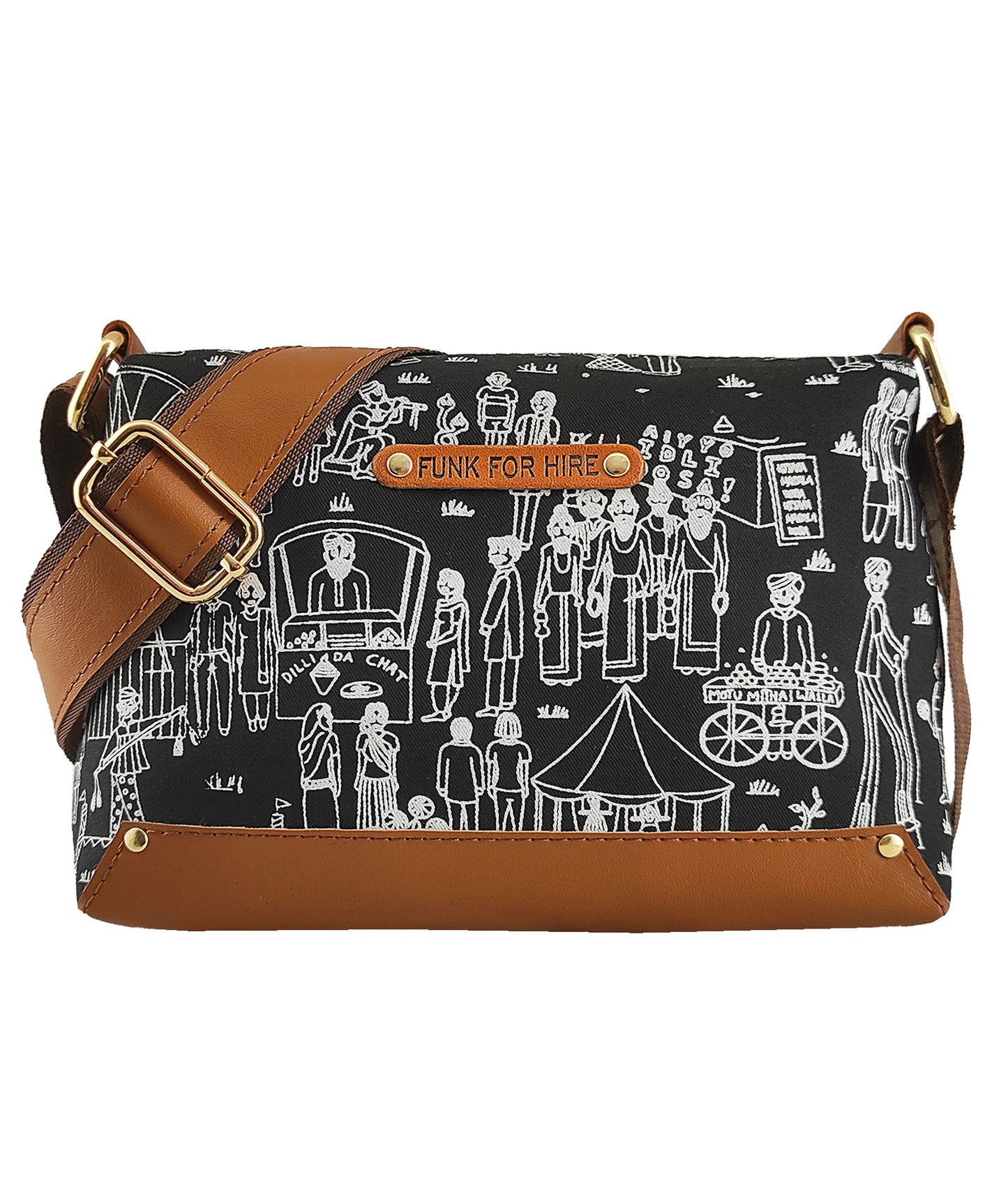 Mela Printed Canvas Box Sling Bag Black
