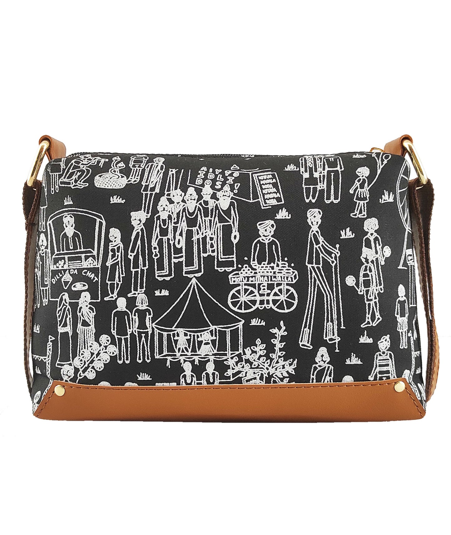 Mela Printed Canvas Box Sling Bag Black