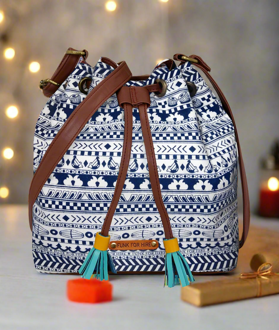 Music Border Drawstring Sling Bag White