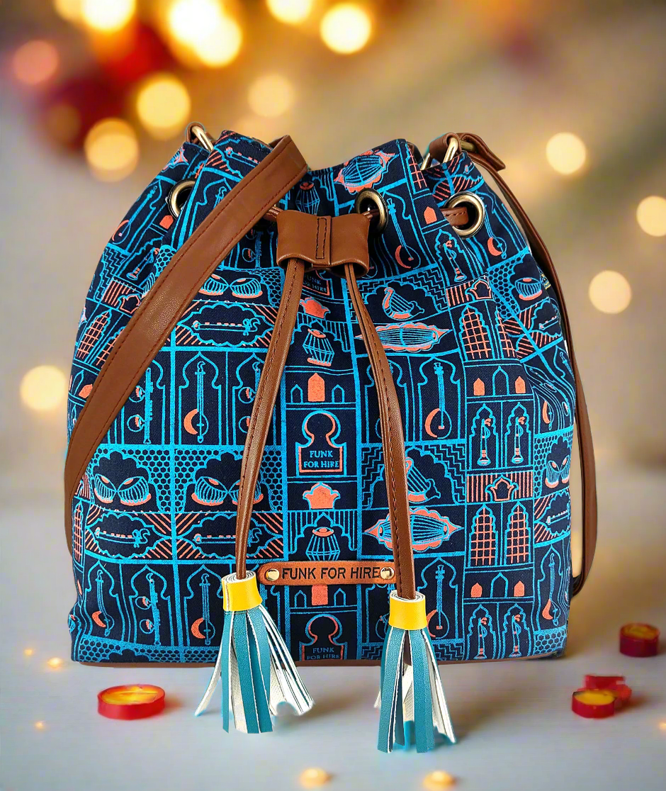 Music Wall Printed Drawstring Sling Bag Navy Blue