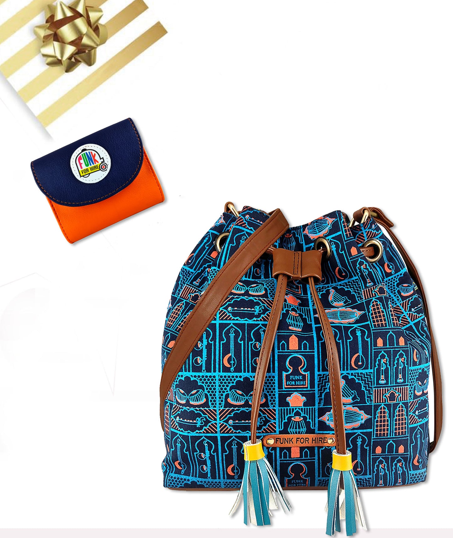 Combo Offers : Music Wall Drawstring Navy & Flap Pocket Wallet Navy Orange