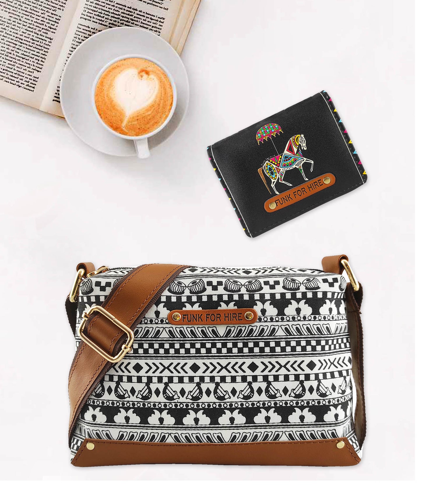 Combo Offers : Music Border Box White Sling Bag & Horse Pocket Wallet Black