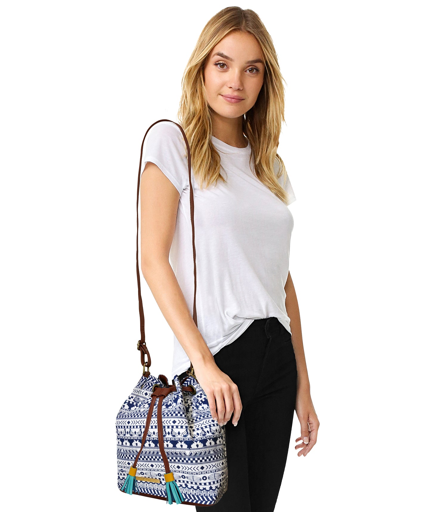 Music Border Drawstring Sling Bag White