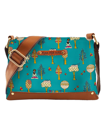 Tree Printed Faux Leather Box Sling Bag Teal