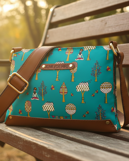 Tree Printed Faux Leather Box Sling Bag Teal