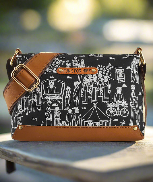 Mela Printed Canvas Box Sling Bag Black