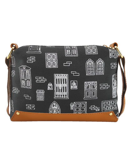 Wall Printed Canvas Box Sling Bag Black