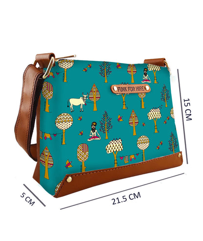 Tree Printed Faux Leather Box Sling Bag Teal