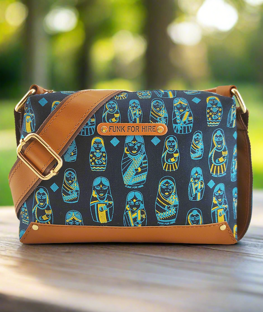 Doll  Printed Canvas Box Sling Bag Navy