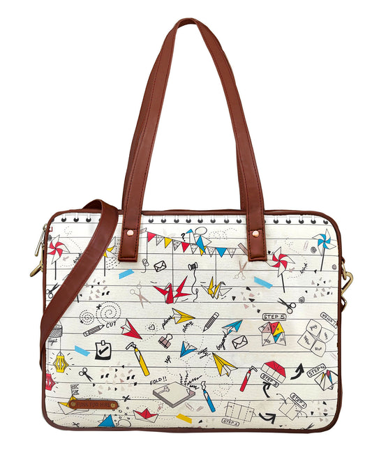 Origami Printed Laptop Handbag Off White