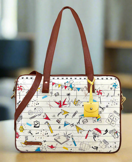 Origami Printed Laptop Handbag Off White