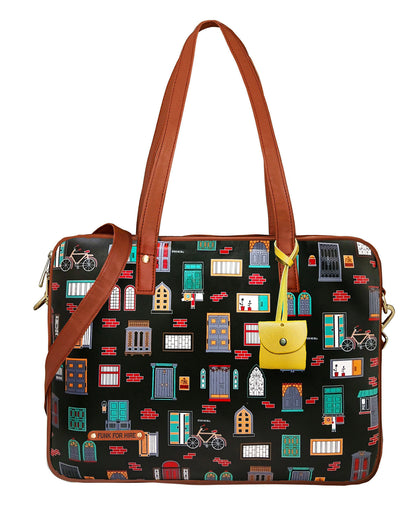 Wall Printed Laptop Handbag Black