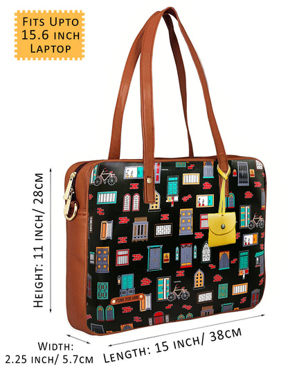 Wall Printed Laptop Handbag Black