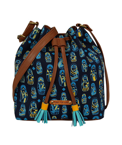 Doll Printed Drawstring Sling Bag Navy Blue