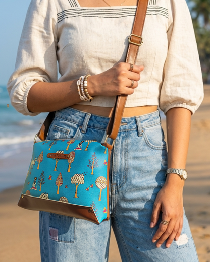 Tree Printed Faux Leather Box Sling Bag Teal
