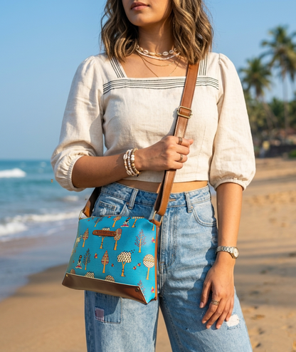 Tree Printed Faux Leather Box Sling Bag Teal