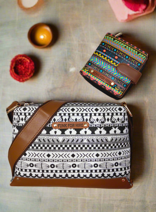 Combo Offers : Music Border Box White Sling Bag & Loop Black Wallet