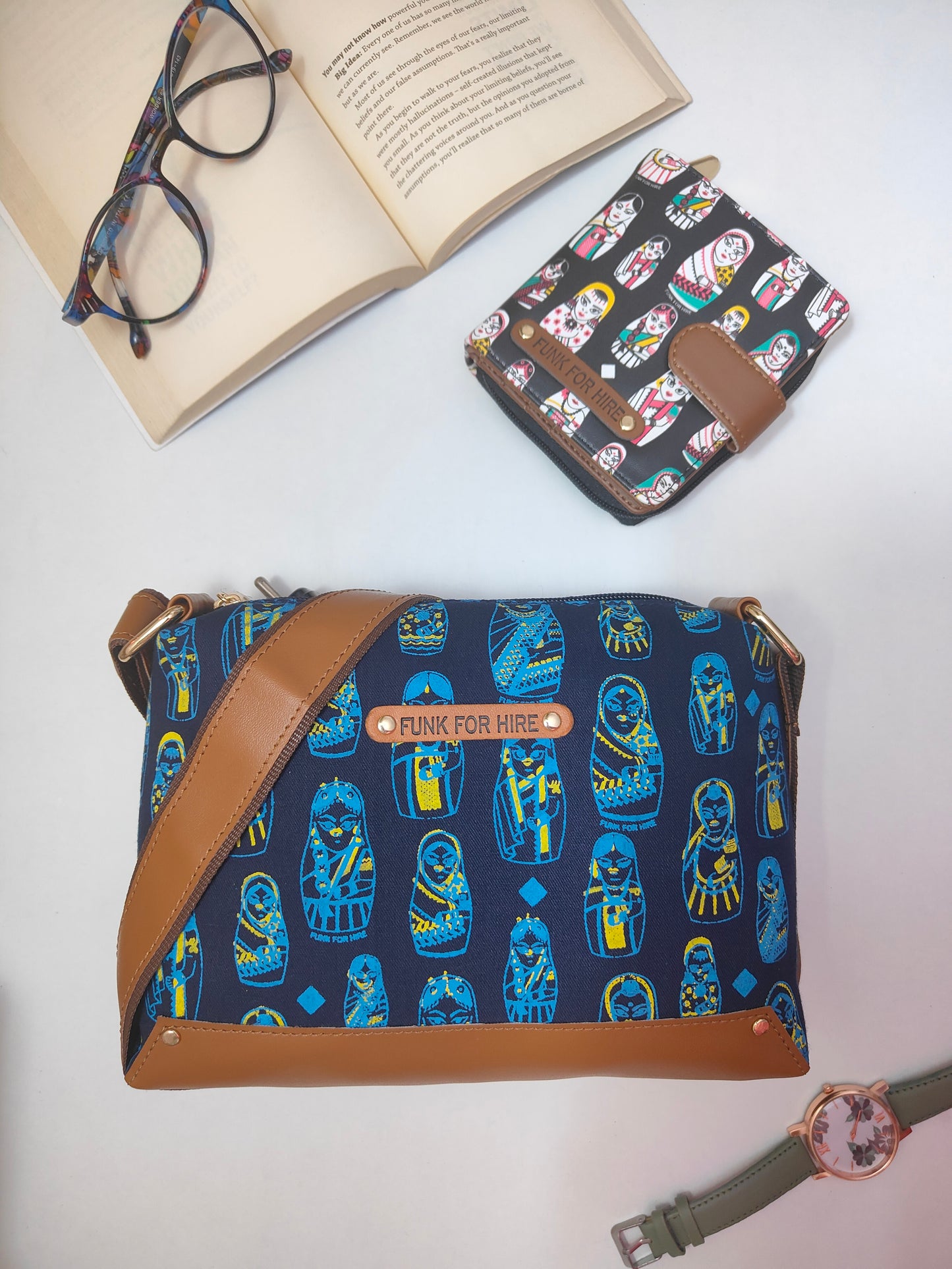 Combo Offers : Doll Box Navy Sling Bag & Loop Black Wallet