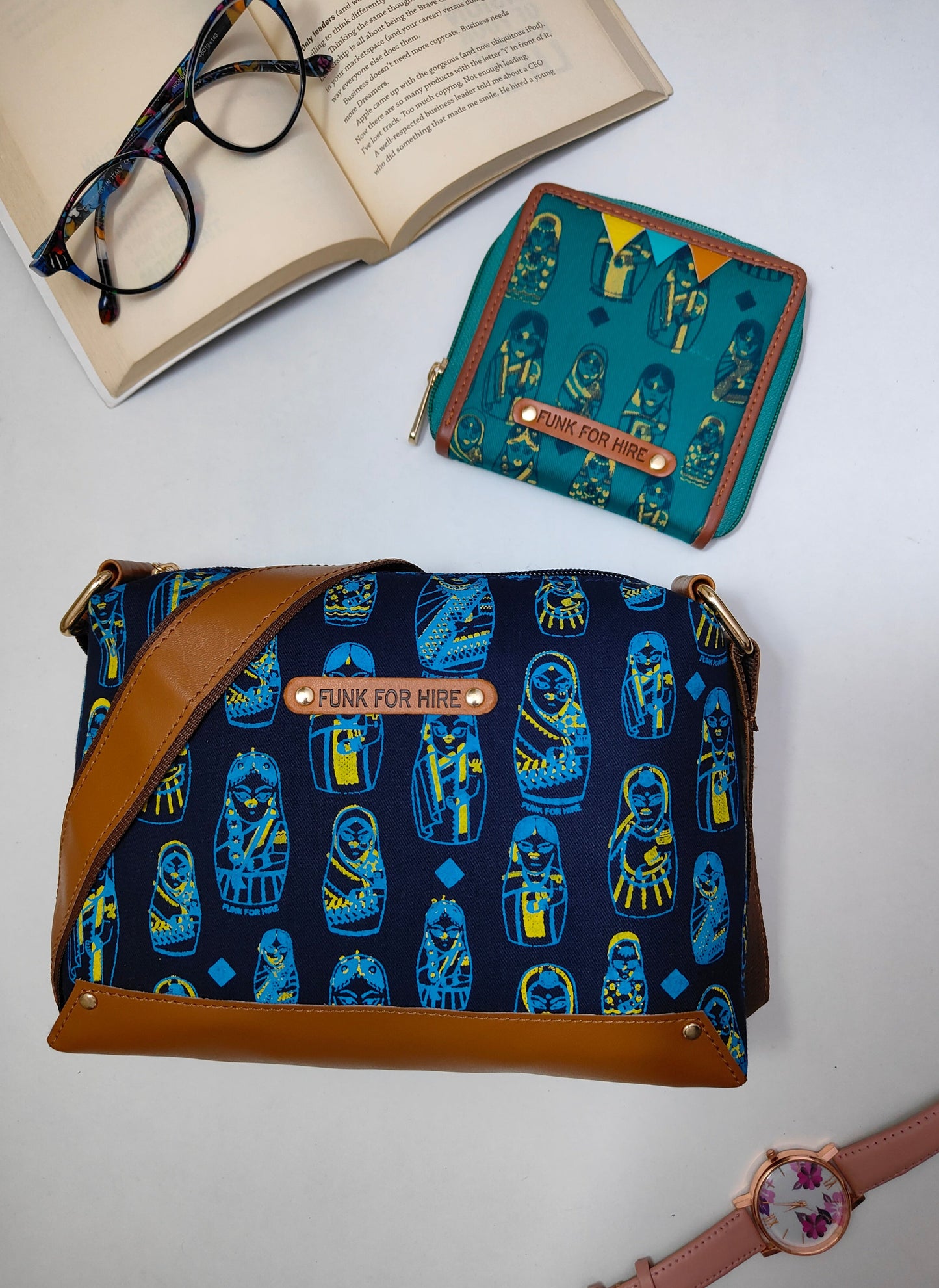 Combo Offers : Doll Box Navy Sling Bag & square Turque Wallet