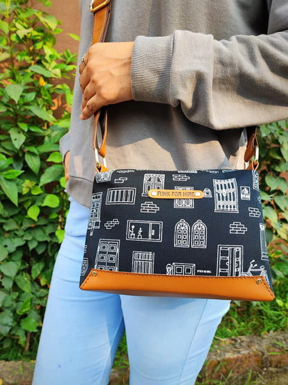 Wall Printed Canvas Box Sling Bag Black