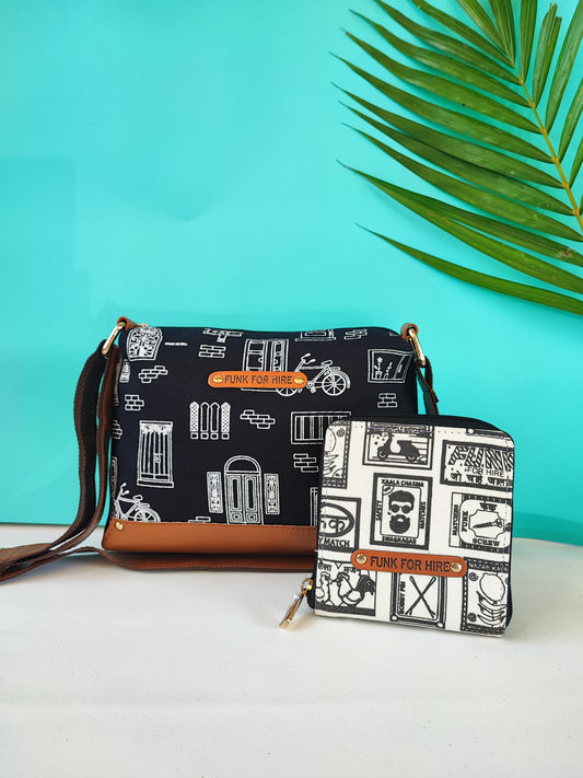 Combo Offers : Wall Box Black Sling Bag & Match Collage Square White Wallet