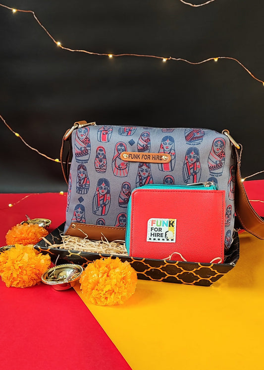 Combo Offers : Doll Box Grey Sling Bag & Red Zip Pocket Wallet