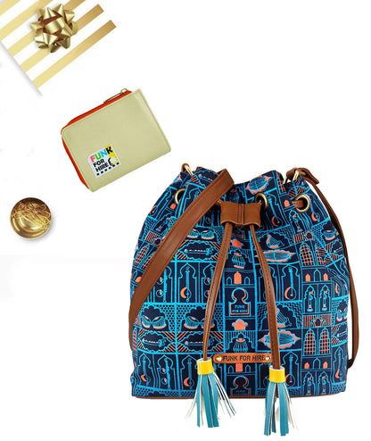 💥Combo Offers : Music Wall Drawstring Sling Bag Navy & Beige Zip Pocket Wallet
