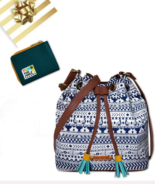 Combo Offers : Music Border Drawstring Bag &Teal Zip Wallet