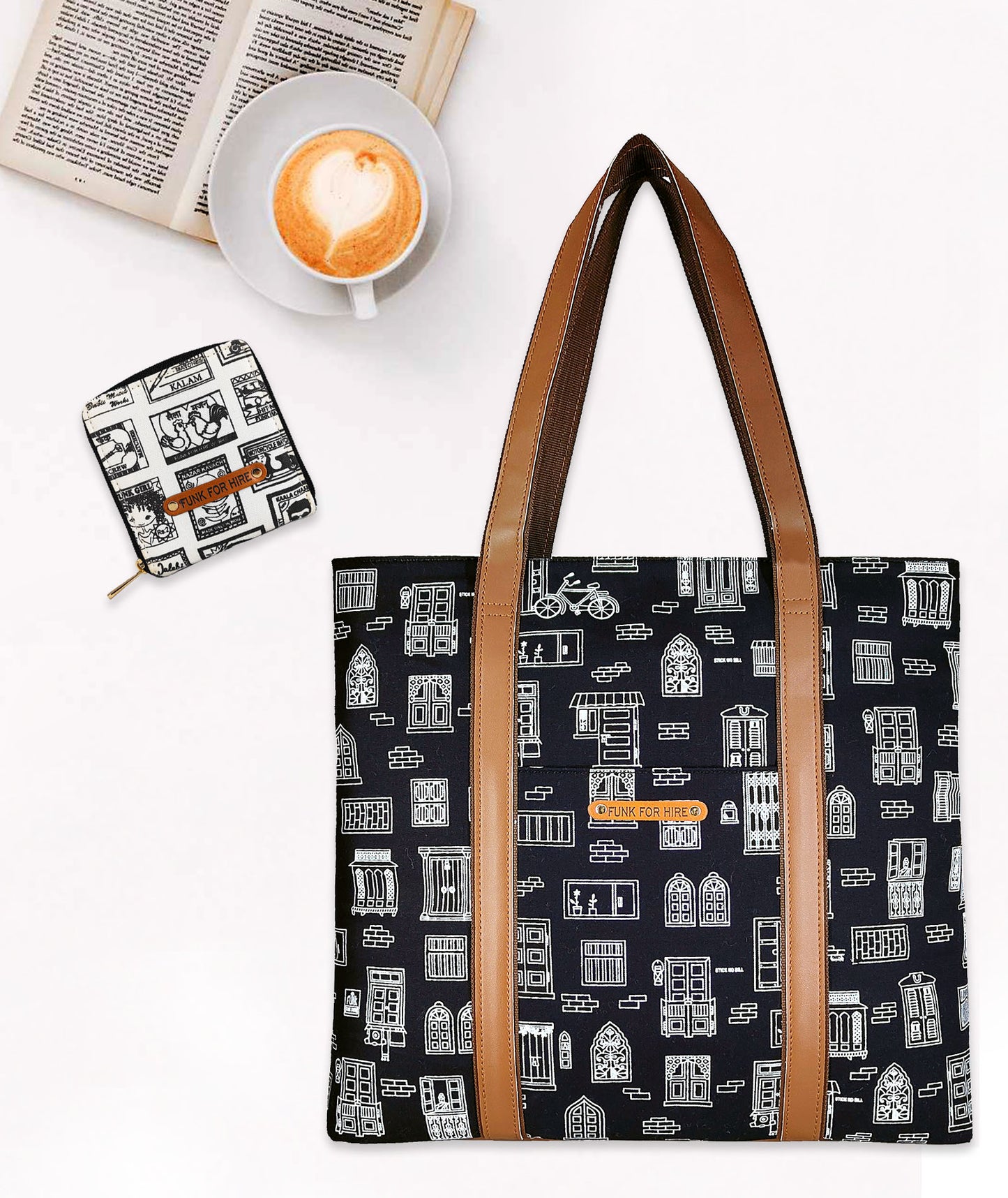 Combo Offers: Wall Tote Handbag Black & Match Collage Square Wallet White