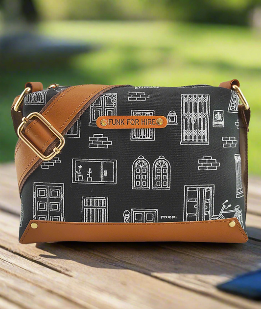 Wall Printed Canvas Box Sling Bag Black