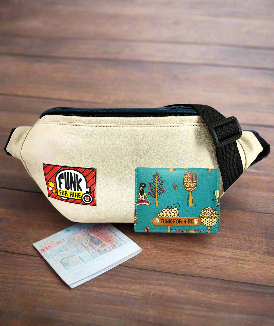 Combo Offers: Beige Teal Fanny Pack & Tree Pocket Wallet Teal