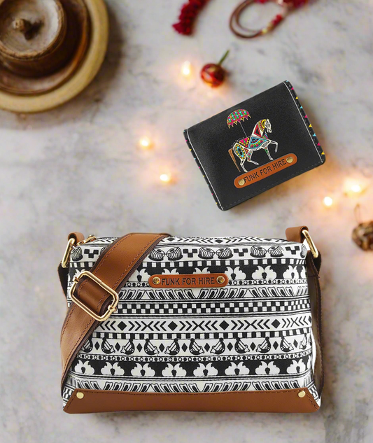 Combo Offers : Music Border Box White Sling Bag & Horse Pocket Wallet Black