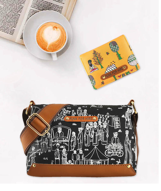 Combo Offers : Mela Box Black Sling Bag & Tree Yellow Pocket Wallet