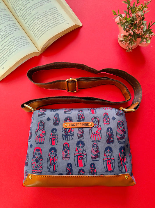 Doll  Printed Canvas Box Sling Bag Gray