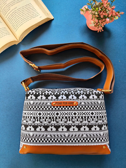 Music Border Printed Canvas Box Sling Bag  White