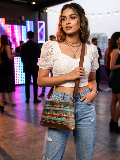 Music Border Printed Faux Leather Box Sling Bag Black