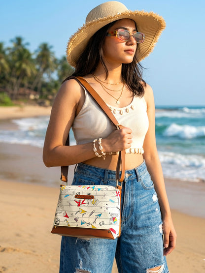 Origami Printed Faux Leather Box Sling Bag White