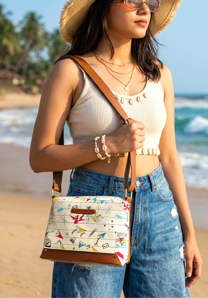 Origami Printed Faux Leather Box Sling Bag White